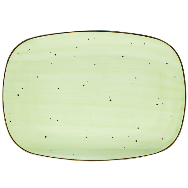 A lime green rectangular porcelain platter with black specks.