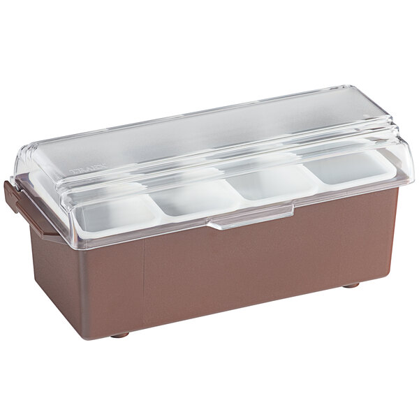 A Vollrath brown plastic condiment bar with four compartments.