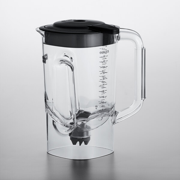 A clear plastic Hamilton Beach blender container with a black lid and blade.