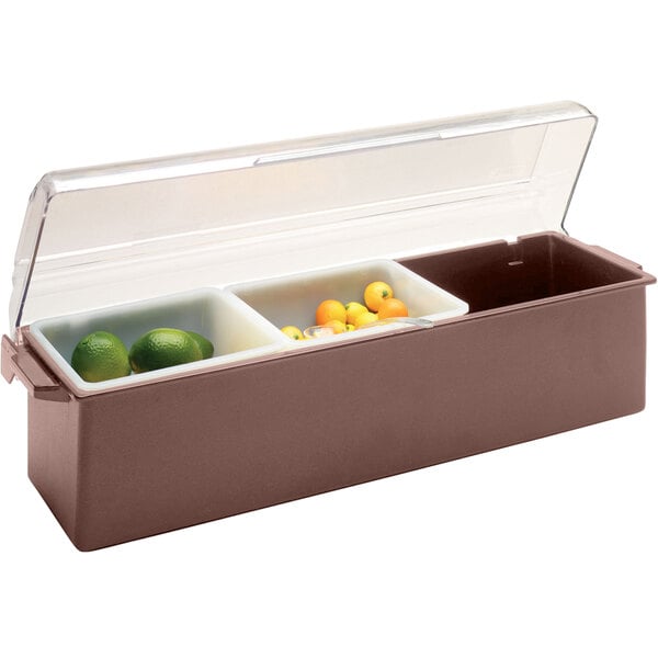 A brown Vollrath plastic condiment bar with three containers inside.