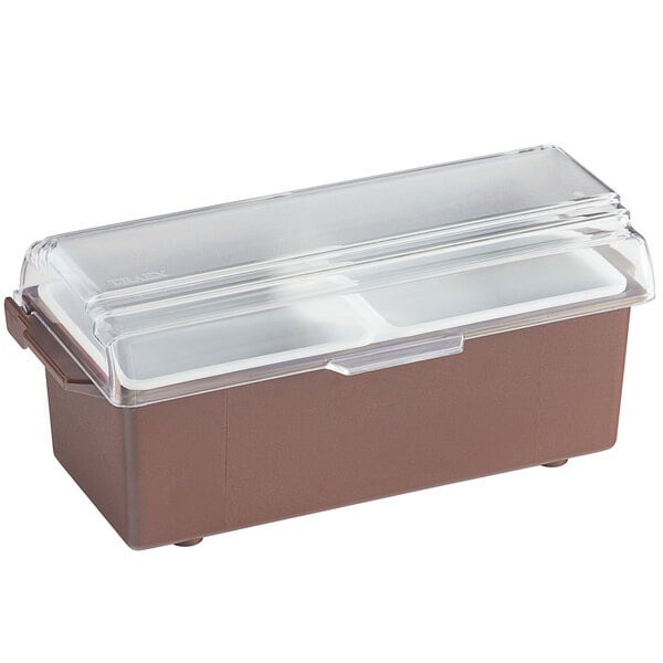 A Vollrath brown plastic Kondi-Keeper condiment bar with 2 compartments and 2 quart inserts.