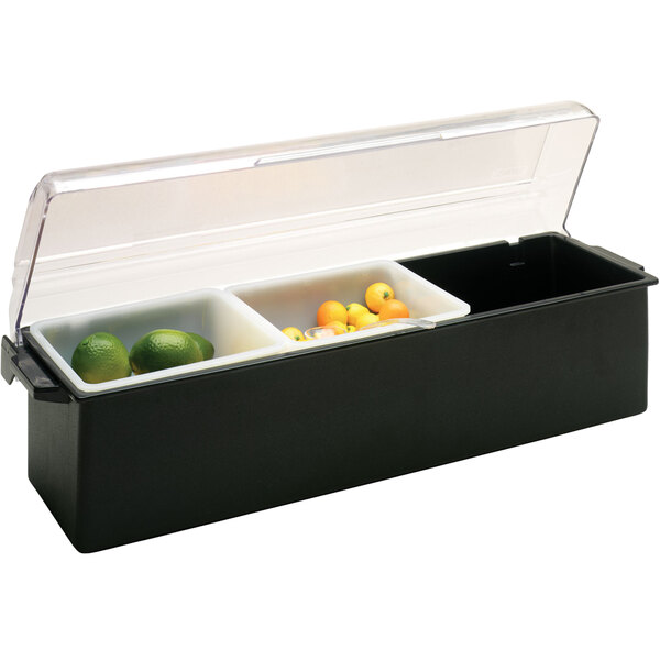 A black Vollrath plastic condiment bar with three clear containers inside.