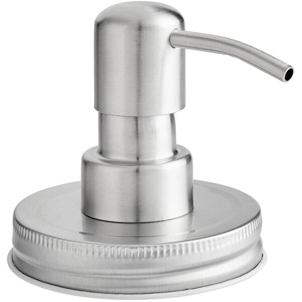 An American Metalcraft stainless steel Mason jar lid with a pump used as a hand sanitizer dispenser.