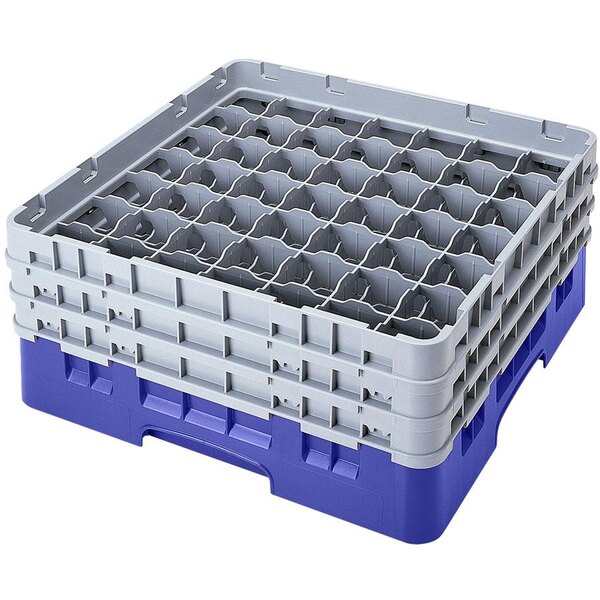 A blue plastic Cambro glass rack with 49 compartments and 5 extenders.
