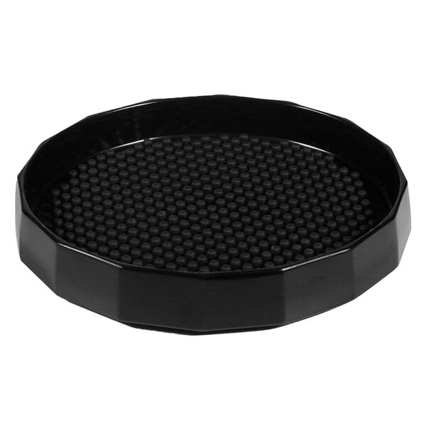 A black round Vollrath Traex Tuffex beverage coaster with small round black dots on the surface.
