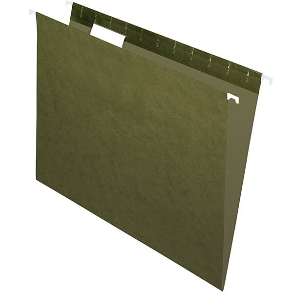 A close-up of a green Pendaflex hanging file folder with holes in it.