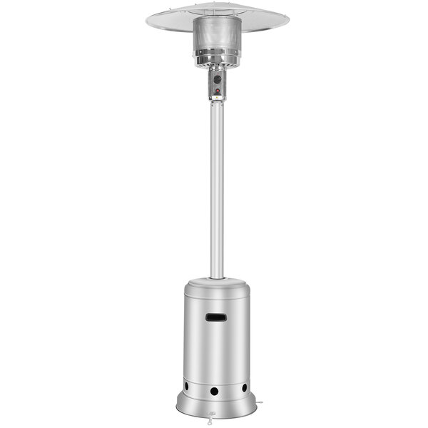 A silver outdoor patio heater with a round base.