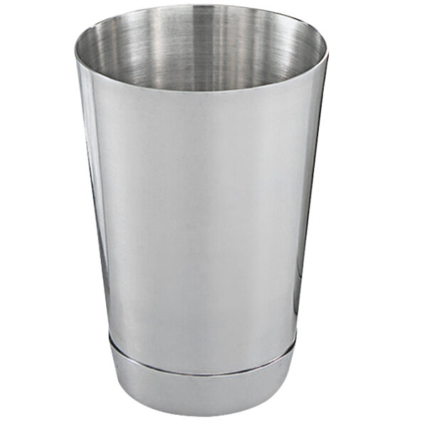 A silver metal cup with a handle on a white background.