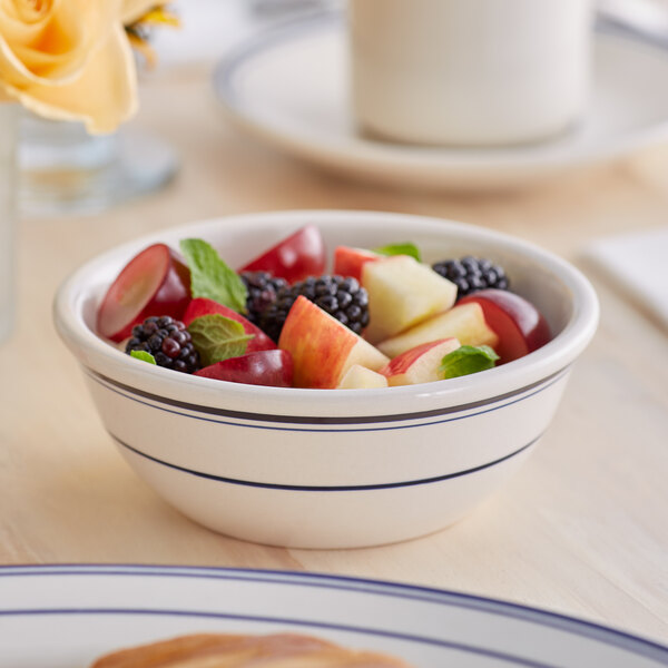 A bowl of fruit with berries and mint in a white Acopa stoneware bowl with blue bands on a table.