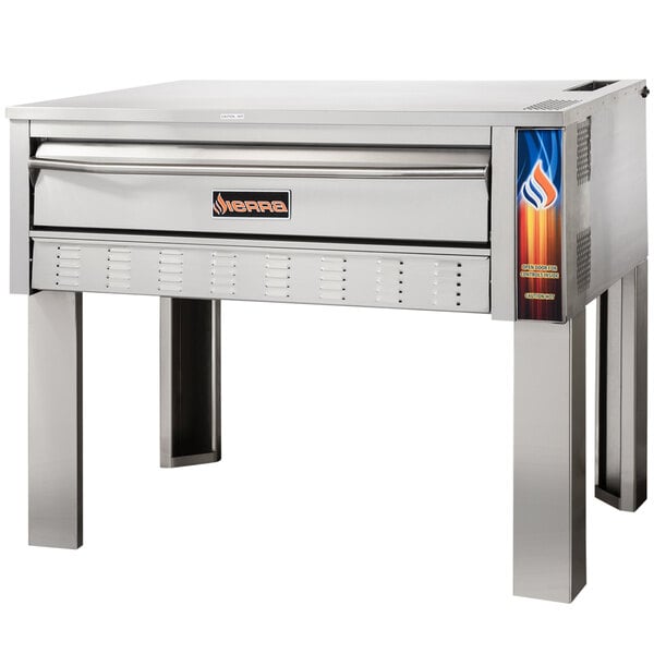A Sierra Range stainless steel pizza deck oven on legs.