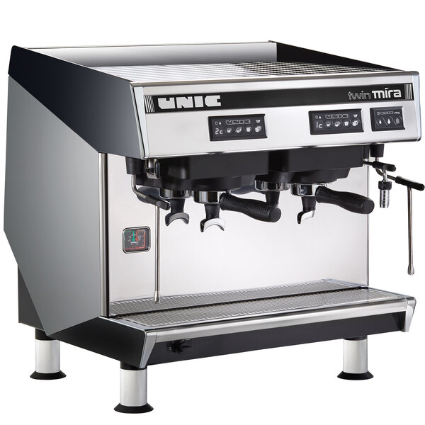 A silver and black Unic Mira Twin espresso machine.