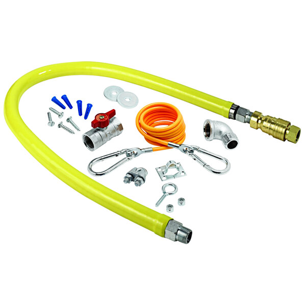 A yellow T&S Safe-T-Link gas appliance connector hose with installation parts.
