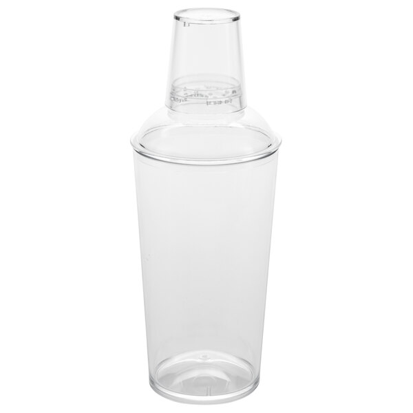 An American Metalcraft clear plastic cocktail shaker with a clear cap.