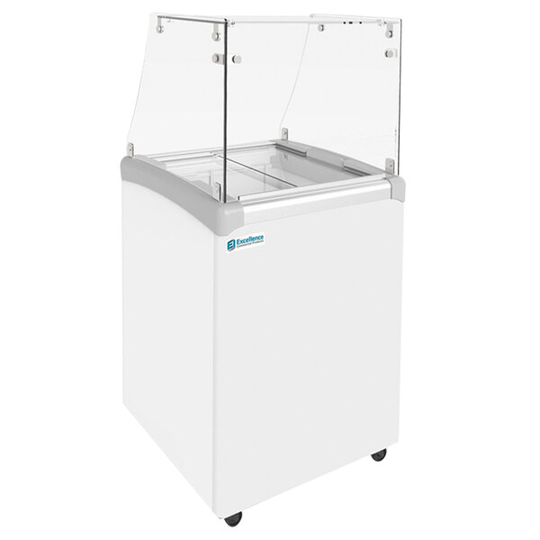 A white freezer with a clear glass top.