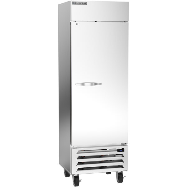 A silver stainless steel Beverage-Air reach-in freezer with a silver handle on wheels.