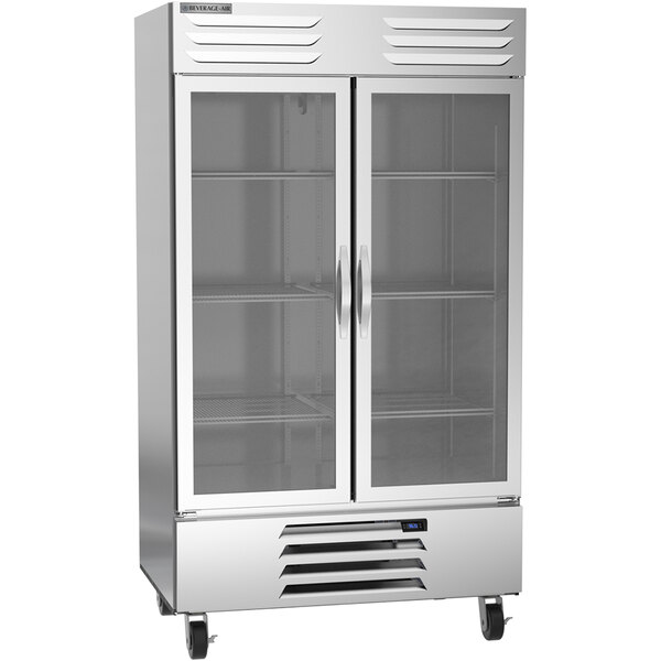 A silver Beverage-Air reach-in refrigerator with two glass doors.
