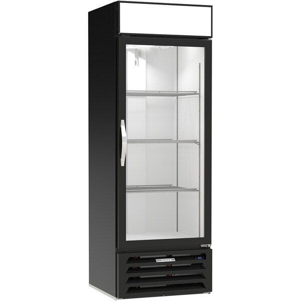 A black Beverage-Air glass door freezer.