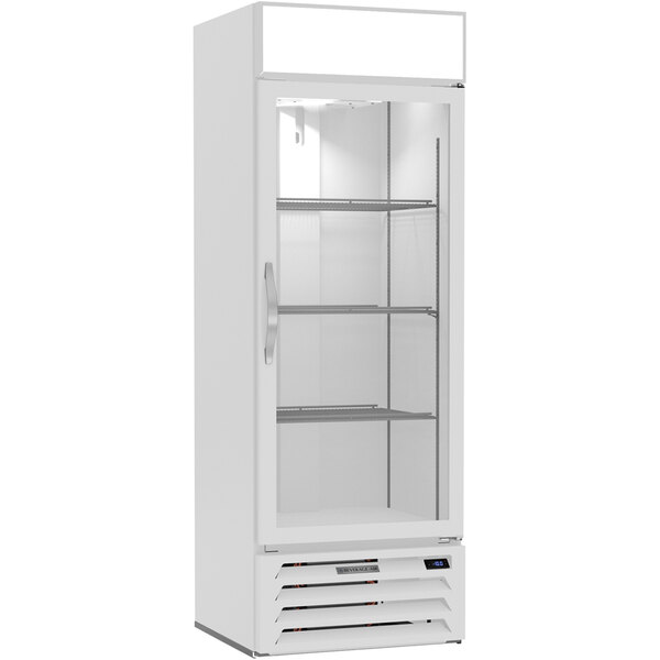 A white Beverage-Air merchandising freezer with glass doors and shelves.