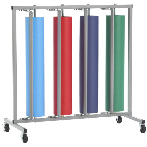 A Bulman vertical paper rack with four rolls of paper on it.