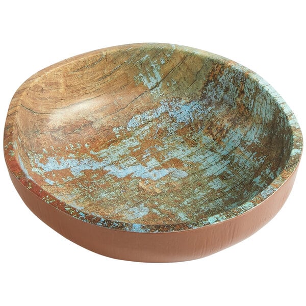 An American Metalcraft melamine serving bowl with a faux reclaimed wood finish and blue spots.