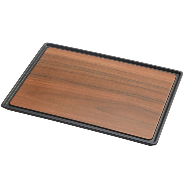 A rectangular wooden American Metalcraft serving tray with black trim.