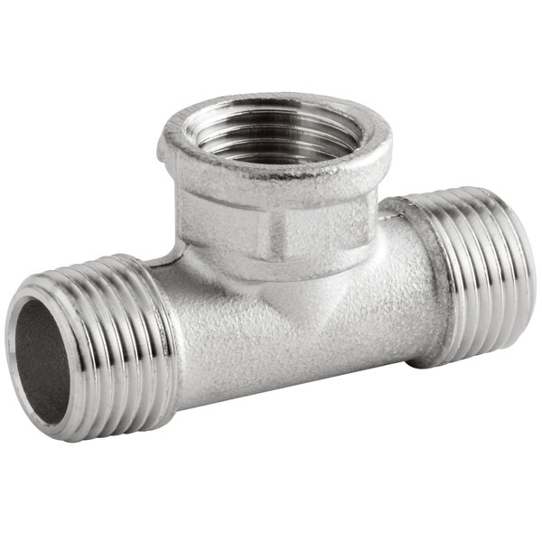A silver metal T-junction pipe fitting with a threaded end.