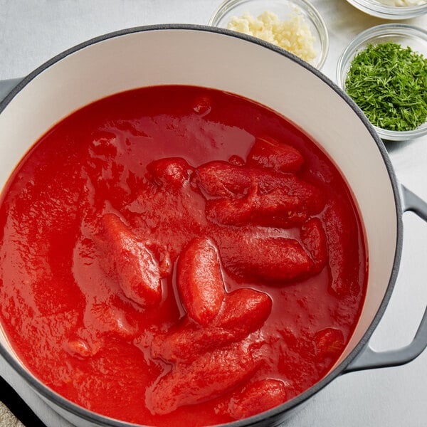 A pot of red sauce made with Cento San Marzano whole peeled tomatoes.