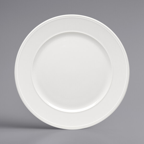 A Bauscher bright white porcelain plate with a round edge.