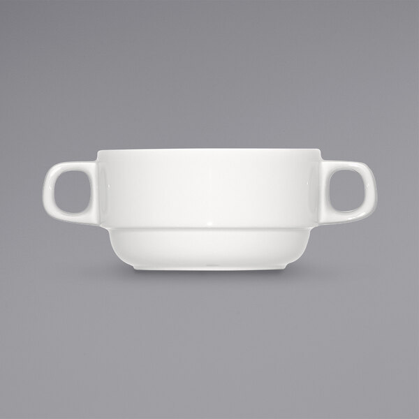A white Bauscher porcelain bowl with two handles.