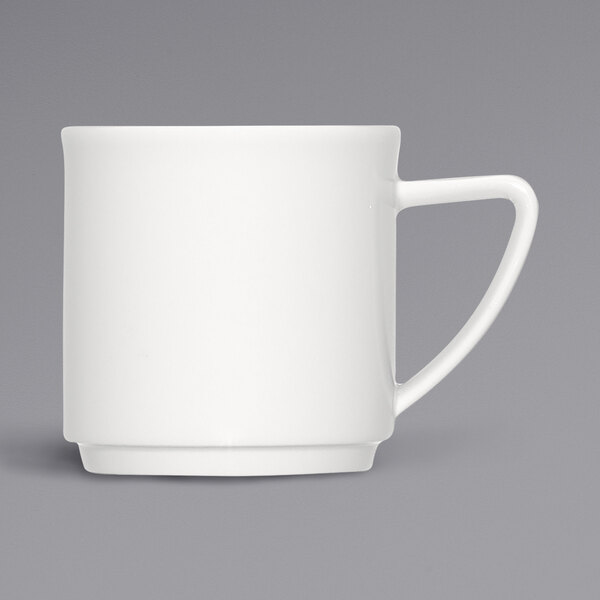 A Bauscher bright white porcelain mug with a handle.