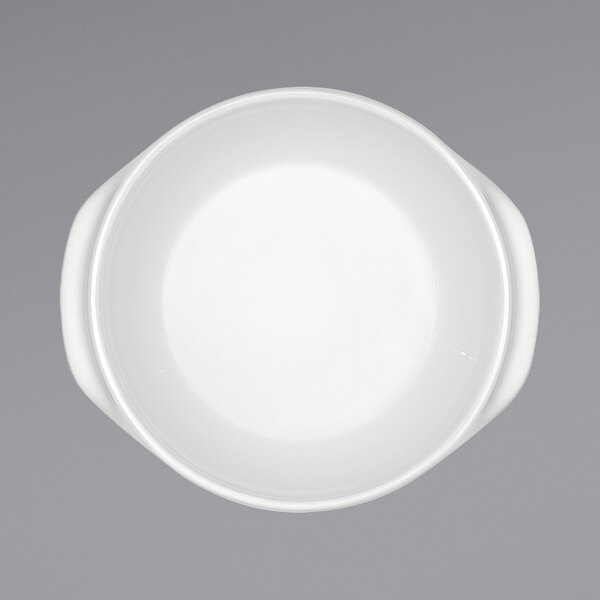 A Bauscher bright white porcelain soup bowl with handles.