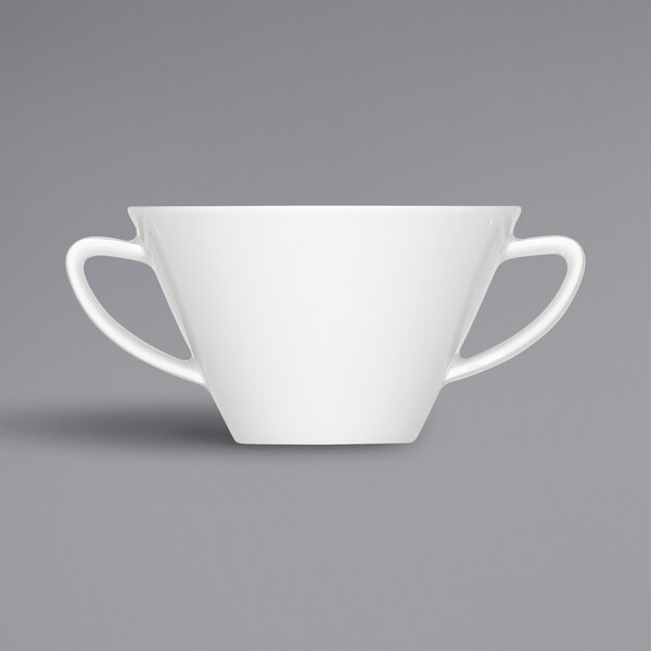 A Bauscher bright white porcelain soup cup with two handles.