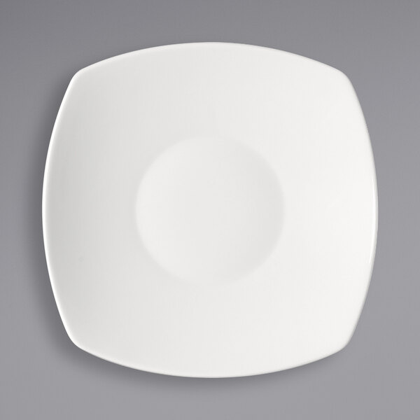 A bright white square porcelain bowl with a white rim.