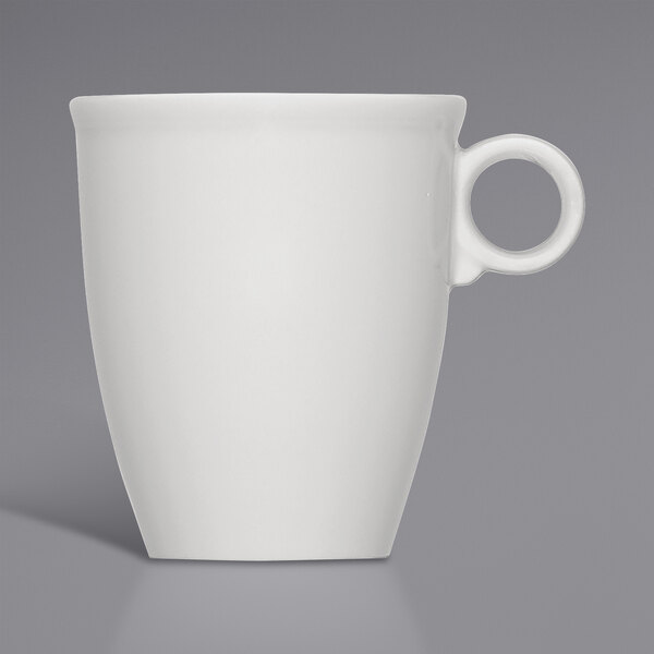 A Bauscher bright white porcelain mug with a handle.