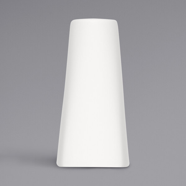 A white cone-shaped porcelain pepper shaker with a white lid.
