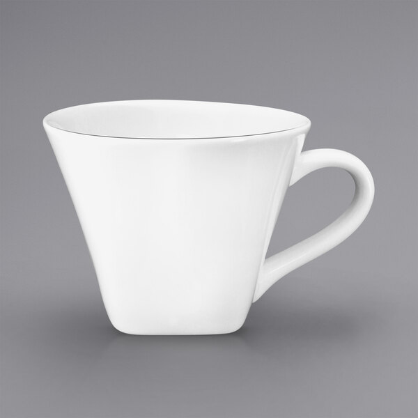 An International Tableware bright white porcelain low cup with a handle.