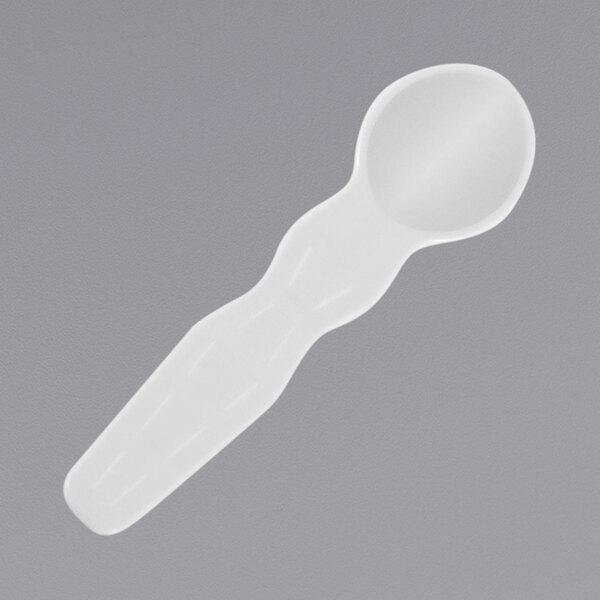 A close-up of a Fineline white PLA mini spoon with a long handle.