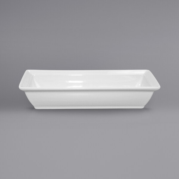 A white rectangular International Tableware porcelain bowl.
