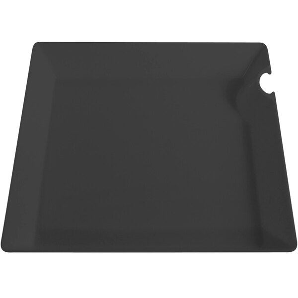 A black Fineline square compostable plate with utensil hanger.