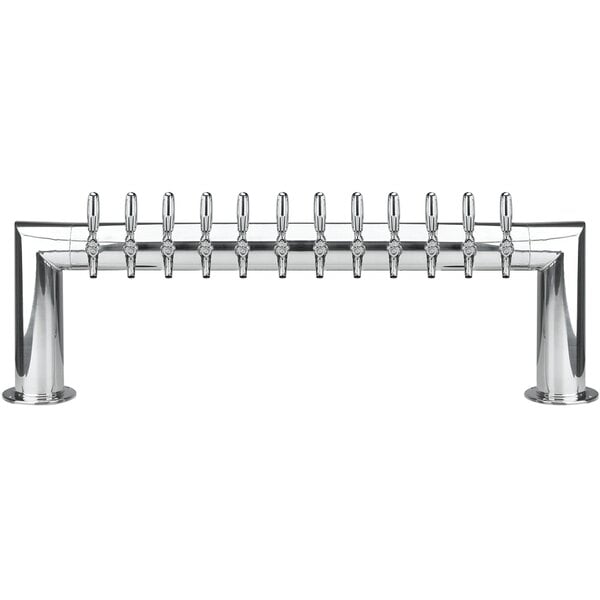 A silver Micro Matic stainless steel beer tap tower with 12 taps on a counter.