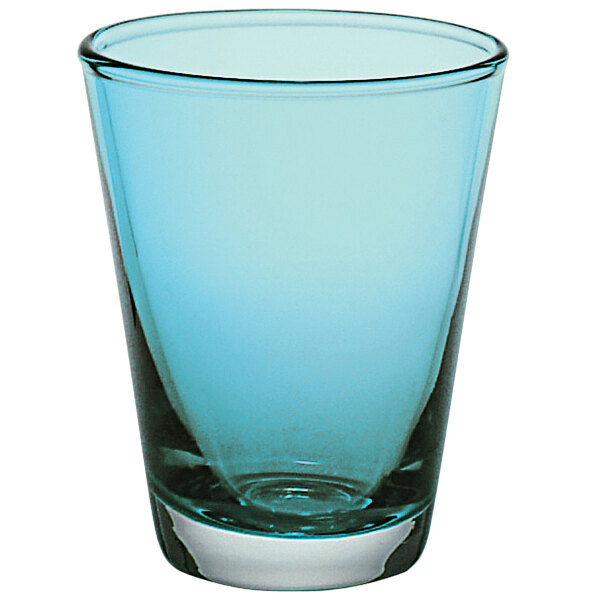 A Vidivi turquoise water glass with a small bottom and a blue glass cup on a white background.