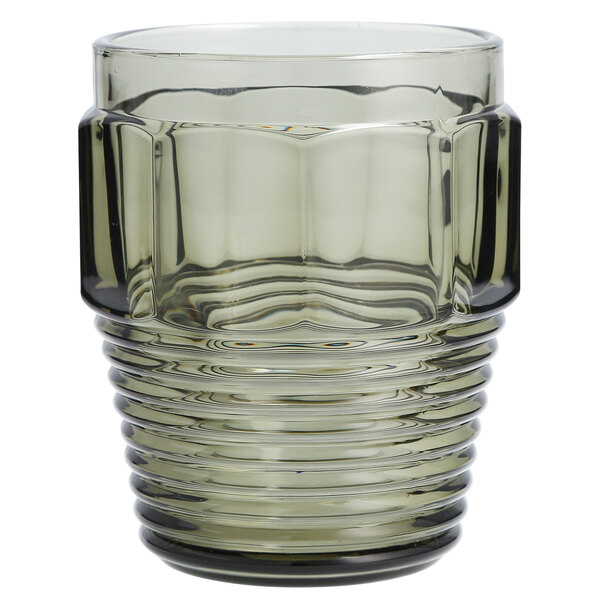 A smoke gray Fortessa stackable rocks glass with a ribbed rim.