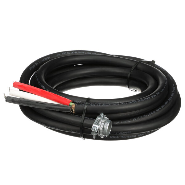 A black cable with red and white cables.