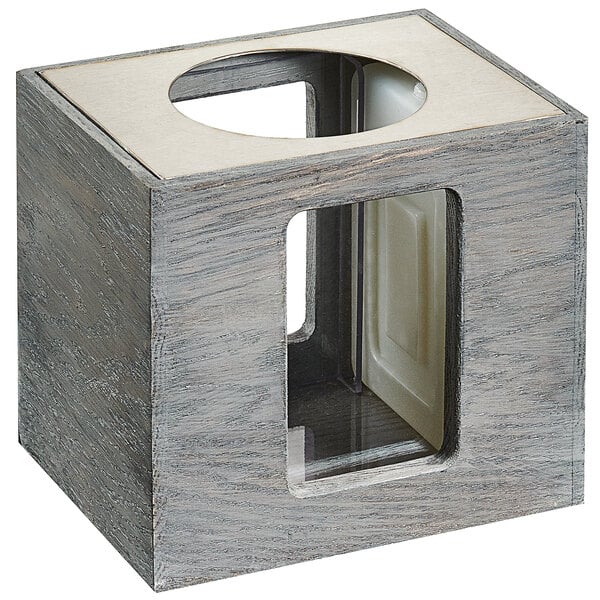 A grey wooden box with a square cut out in the middle.