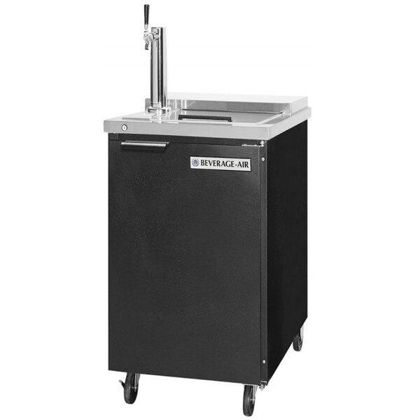A black Beverage-Air kegerator with a white label.