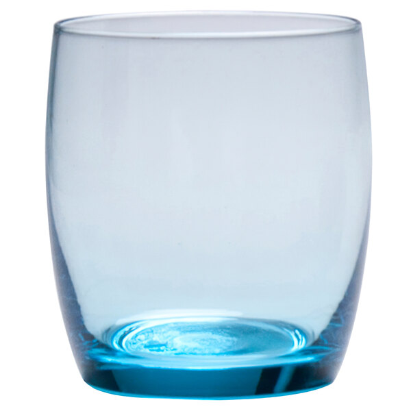 A clear Fortessa beverage glass with a blue rim.