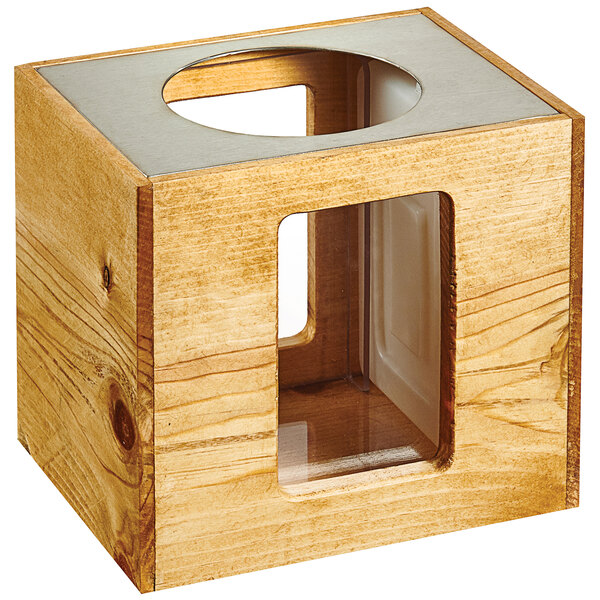 A Madera wood box with a hole for a carafe.