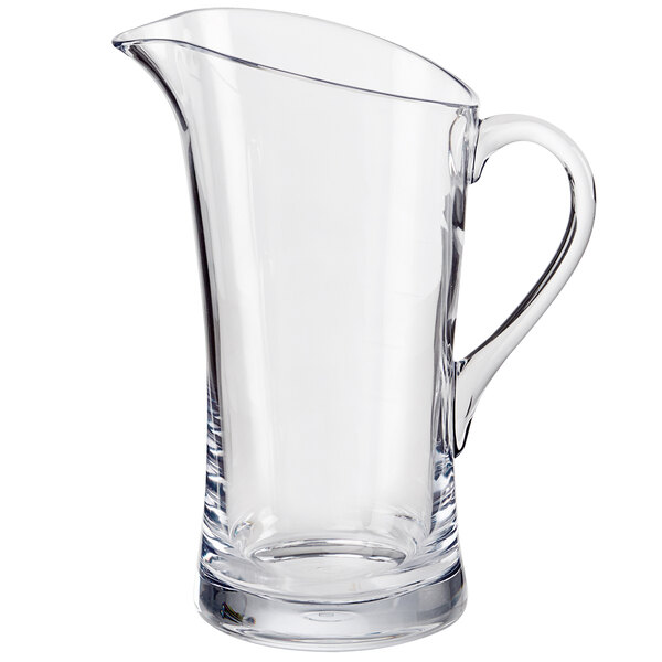 A Cal-Mil clear polycarbonate pitcher with a handle.