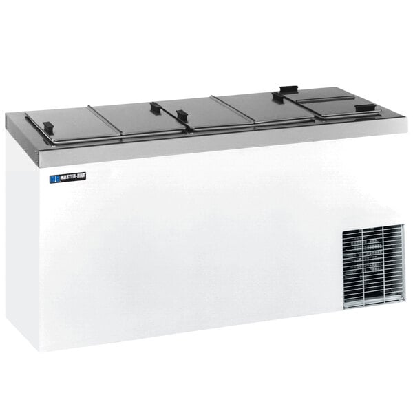 A white Master Bilt ice cream dipping cabinet with a lid.