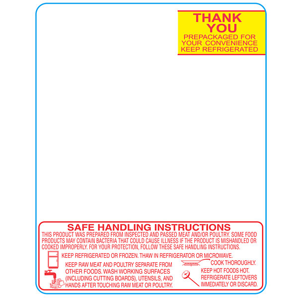 A white rectangular Safe Handling label with red text that says "Thank You" and includes safety instructions.